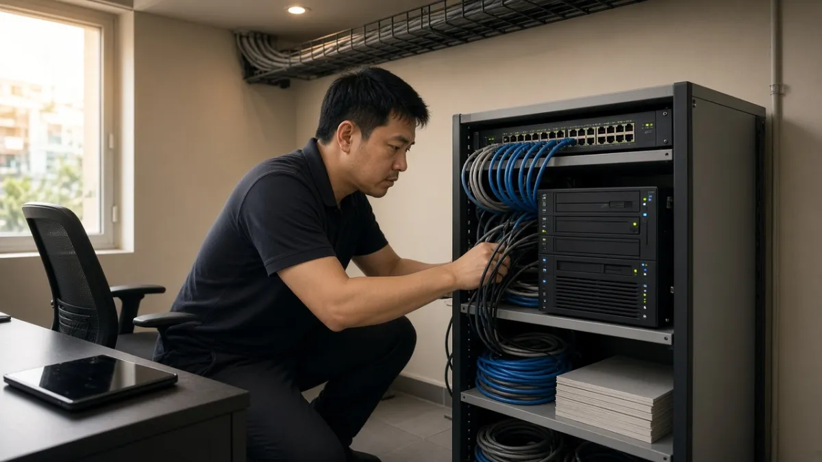Nhân viên IT khách sạn kiểm tra cáp mạng và thiết bị server trước khi cài đặt OPERA PMS trên Windows Server.