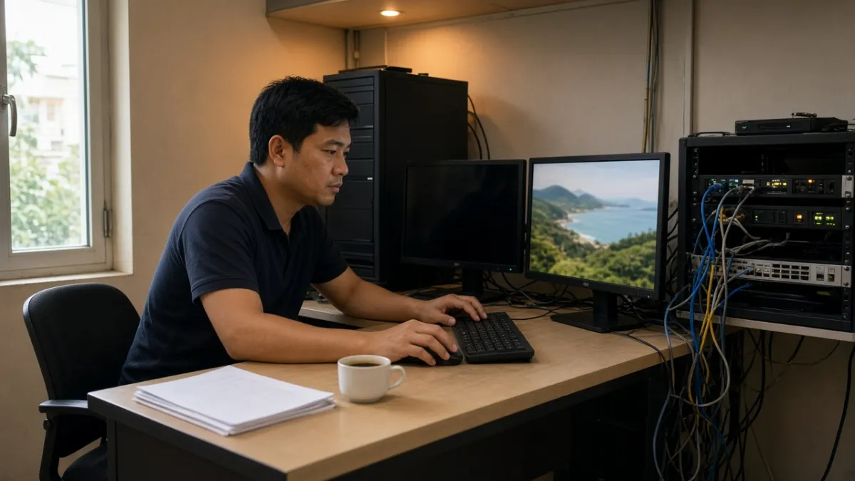 Kỹ thuật viên IT khách sạn đang cài đặt OPERA PMS trên Windows Server trong phòng máy chủ.