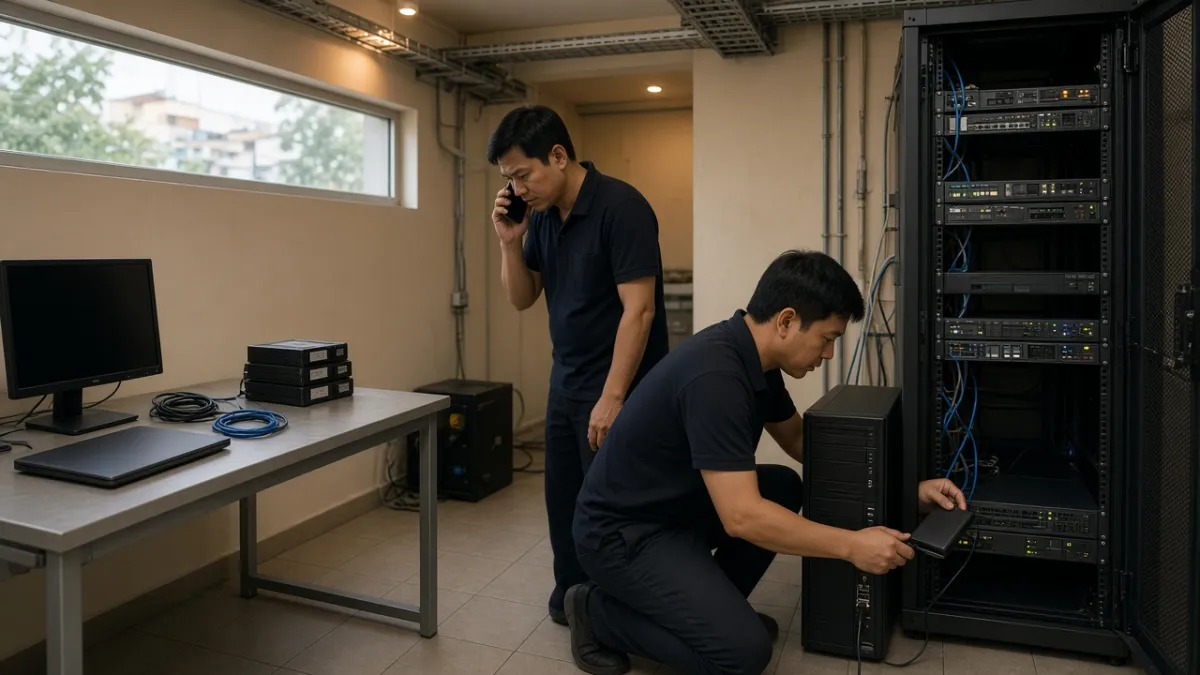 Nhân viên IT khách sạn sao lưu dữ liệu trên Windows Server và gọi hỗ trợ khi cài OPERA PMS.