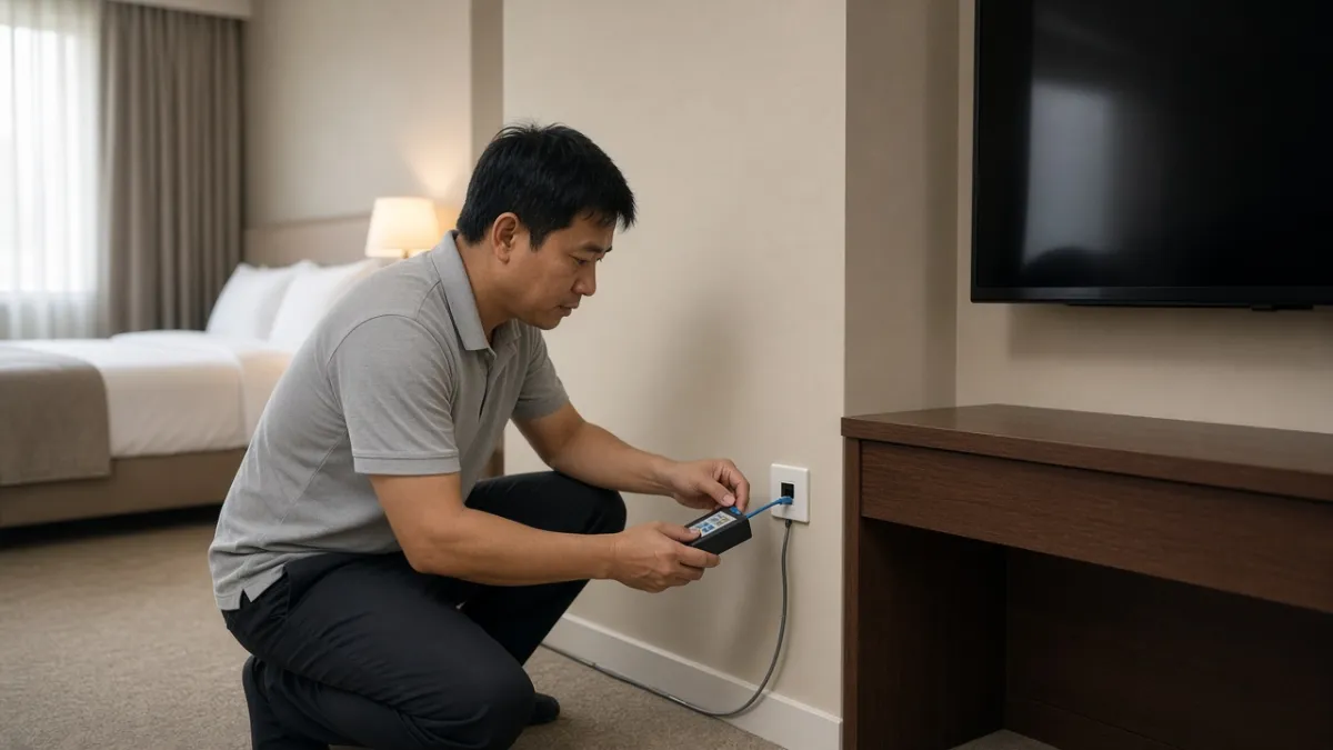 Kỹ thuật viên kiểm tra ổ cắm mạng LAN trong phòng khách sạn bằng máy test cáp, bên cạnh TV treo tường đang tắt.
