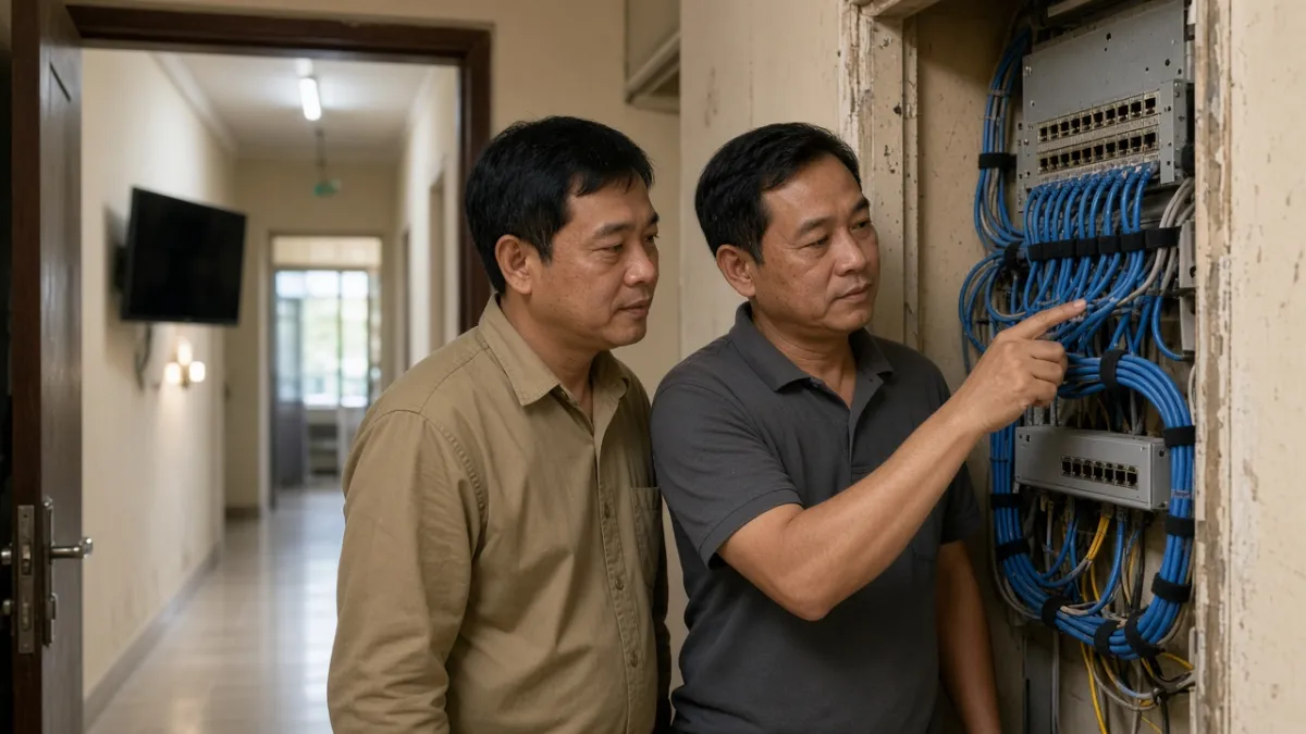 Kỹ thuật viên và nhân viên khách sạn kiểm tra tủ mạng gọn gàng trước khi triển khai IPTV.