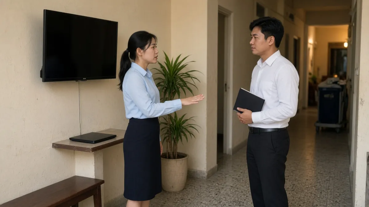 Hai nhân viên lễ tân trao đổi nhanh thông tin ca làm việc trong khu vực hậu cần khách sạn.