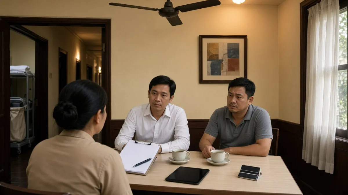 Nhân viên các bộ phận khách sạn họp giao ca, đối chiếu bảng kiểm và máy tính bảng tại phòng làm việc nội bộ.