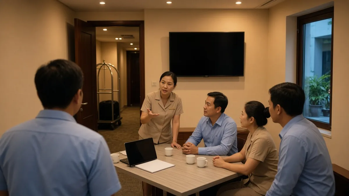 Nhân viên khách sạn họp giao ca quanh bàn trong phòng hậu cần, trao đổi thông tin giữa các ca làm việc.