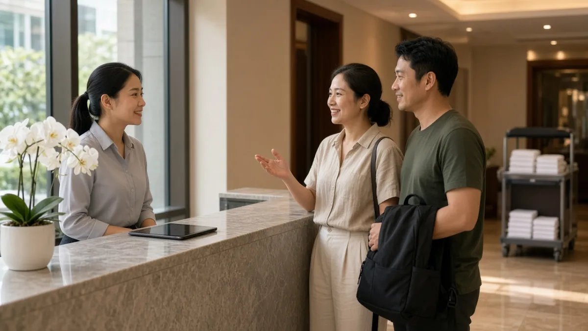 Khách trả phòng trò chuyện tích cực với lễ tân trong sảnh khách sạn sạch sẽ, gợi ý đánh giá tốt trên OTA.