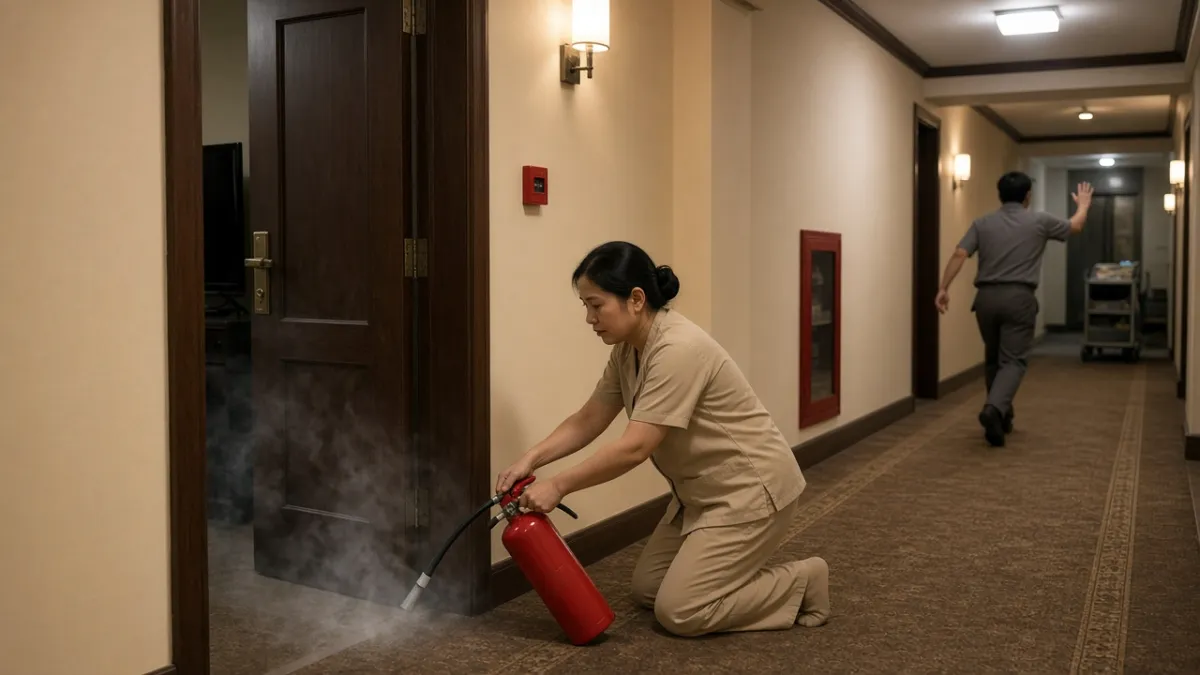Nhân viên buồng phòng dùng bình chữa cháy tại cửa phòng có khói, đồng nghiệp chạy báo hiệu khẩn cấp trên hành lang.