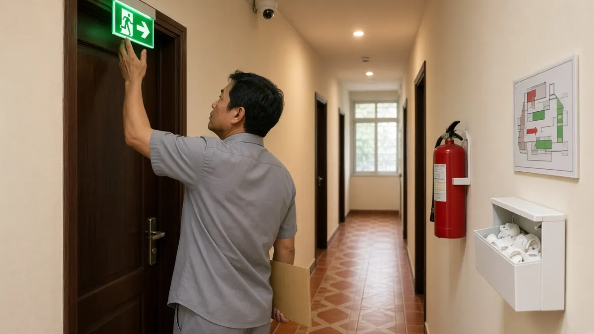 Nhân viên khách sạn kiểm tra đèn thoát hiểm, bình chữa cháy và sơ đồ thoát hiểm trên hành lang.