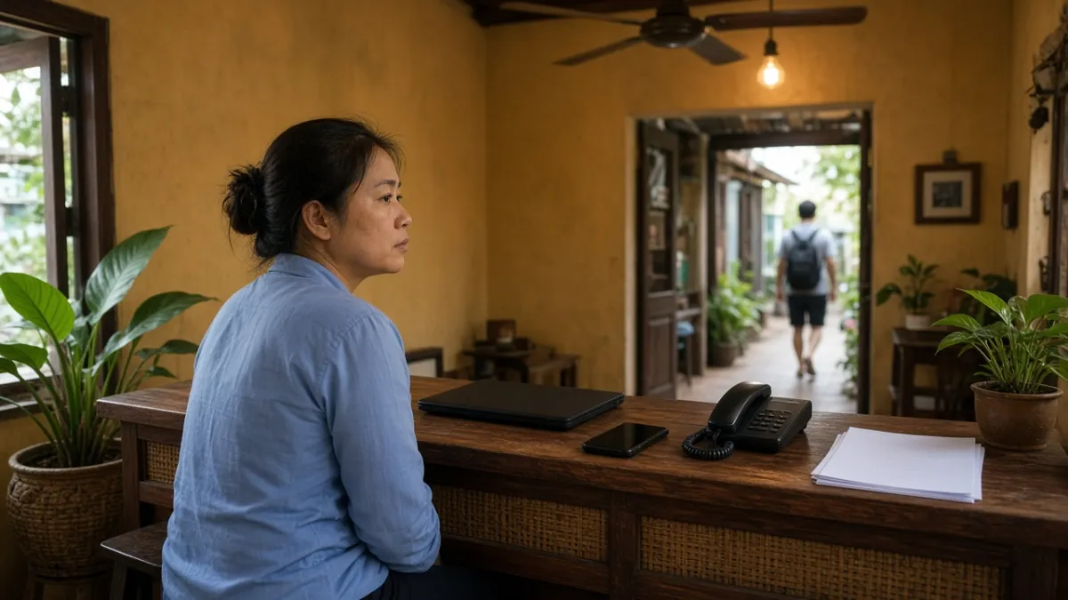 Chủ homestay trầm tư tại quầy lễ tân, laptop và điện thoại tắt màn hình giữa lúc khách ra vào.
