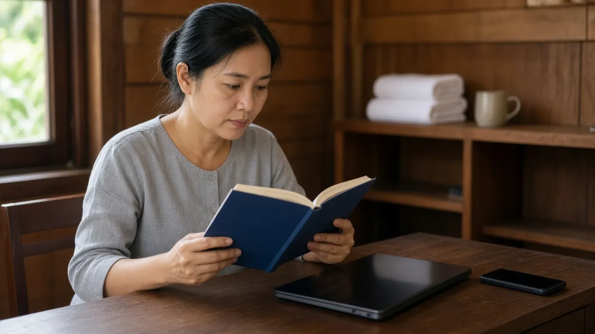 Nhân viên homestay đọc sách marketing trên bàn gỗ, bên cạnh là laptop và điện thoại tắt màn hình.