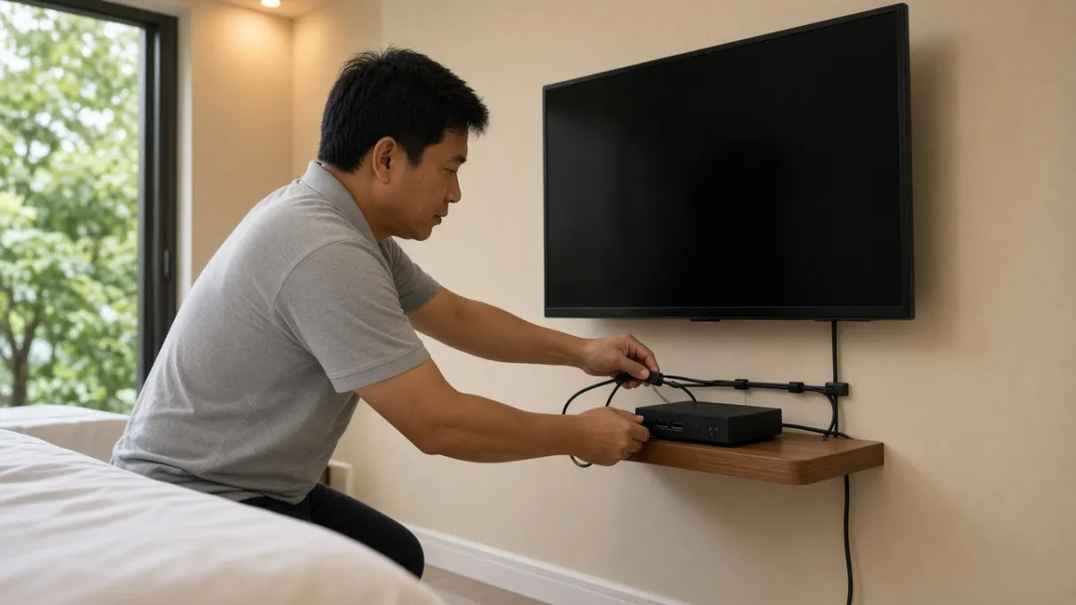 Kỹ thuật viên lắp hộp giải mã IPTV dưới TV trong phòng khách sạn, nối cáp truyền hình ảnh lên màn hình.