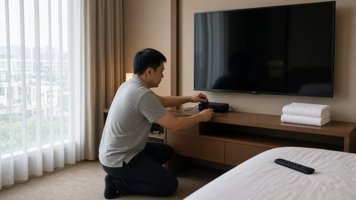 Kỹ thuật viên lắp IPTV Box vào TV trong phòng khách sạn, remote đặt trên giường, sẵn sàng sử dụng.