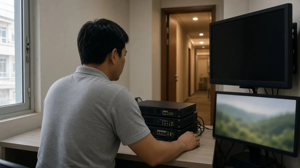 Nhân viên kỹ thuật vận hành tủ thiết bị IPTV khách sạn, quản lý truyền hình tập trung từ phòng máy.