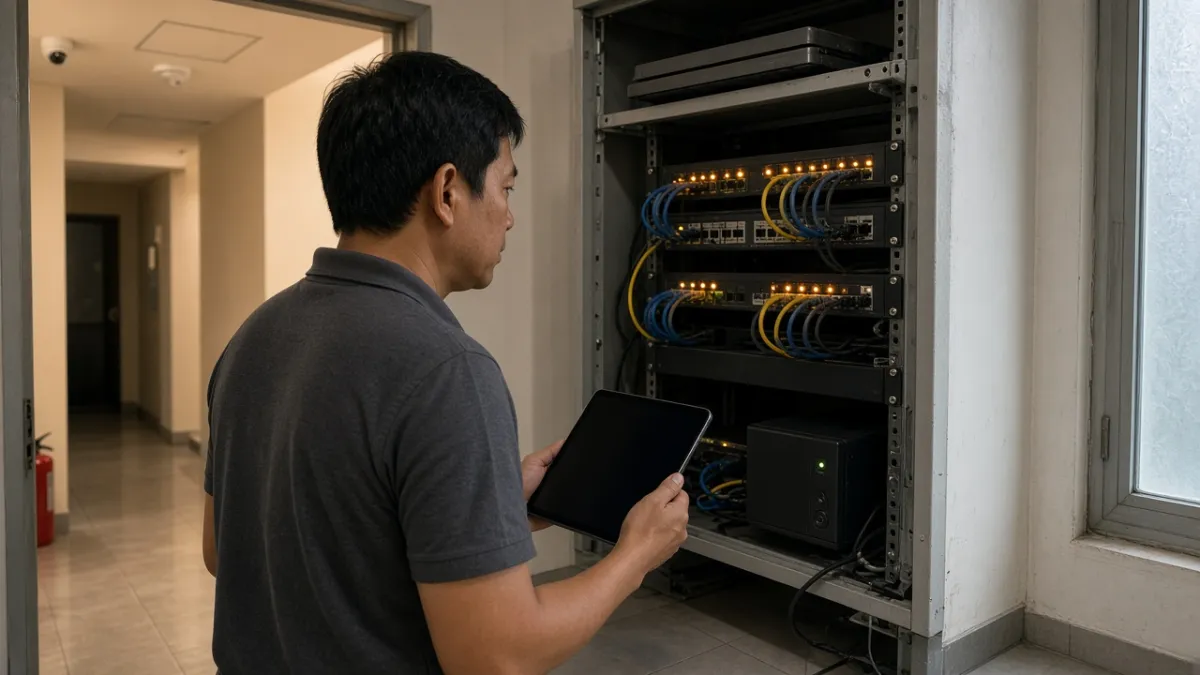 Quản lý CNTT khách sạn kiểm tra tủ mạng trong phòng kỹ thuật hậu trường, cầm máy tính bảng tắt màn hình.