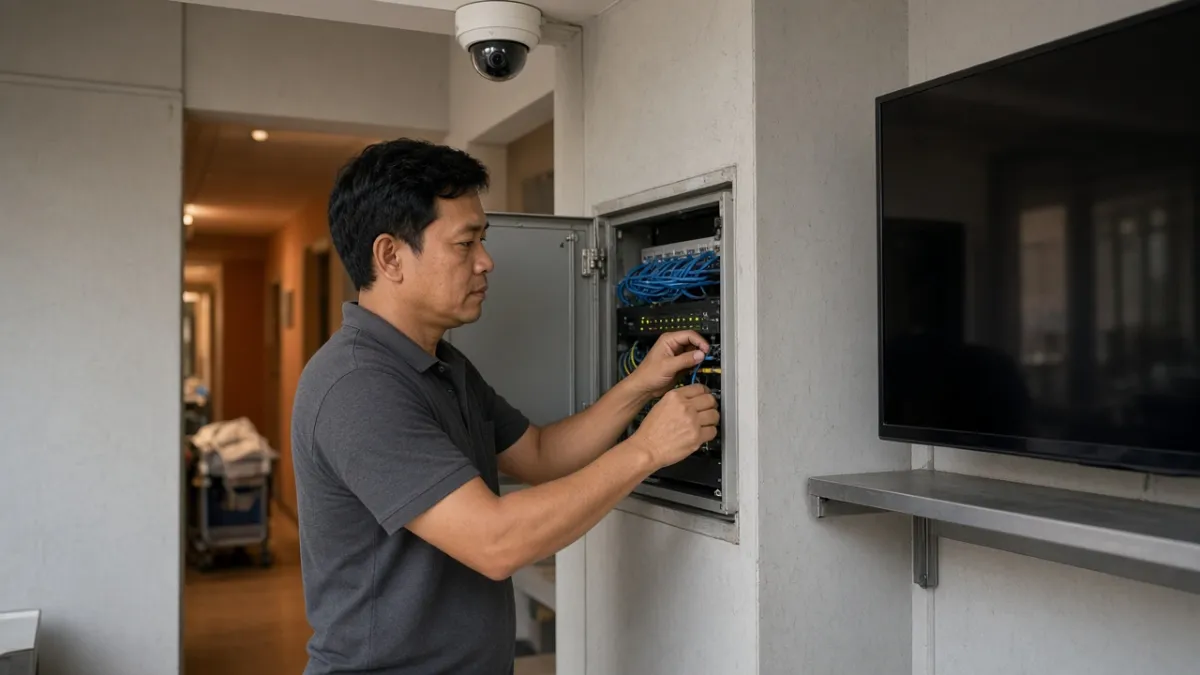 Quản trị IT kiểm tra tủ mạng, camera và TV phòng khách tại hành lang kỹ thuật phía sau khách sạn.