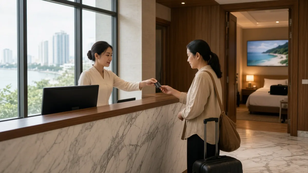 Lễ tân check-in tại quầy khách sạn, phòng có TV bên trong đã sẵn sàng — đồng bộ tự động giữa PMS và IPTV.