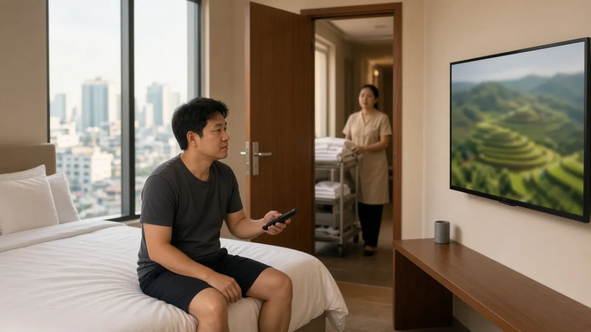 Khách dùng remote TV trong phòng, nhân viên buồng phòng ở cửa — minh họa liên kết hai chiều PMS–IPTV.