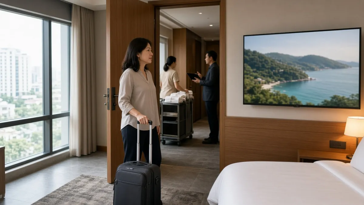 Khách vừa vào phòng sẵn sàng với TV hiển thị cảnh biển; nhân viên buồng phòng và lễ tân phối hợp tại hành lang.
