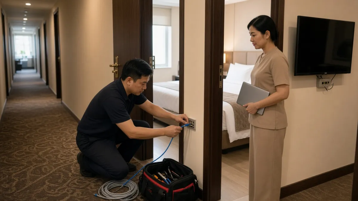Kỹ thuật viên và nhân viên khách sạn kiểm thử kết nối IPTV với PMS tại phòng mẫu trước khi triển khai toàn bộ.