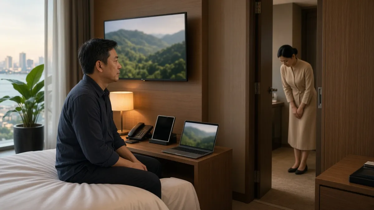 Khách Nhật thư giãn xem TV trong phòng khách sạn Việt, laptop và điện thoại trên bàn, nhân viên cúi đầu chào nhẹ nhàng.