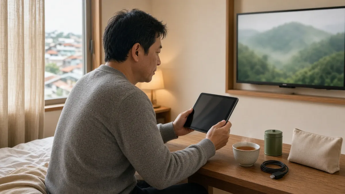 Khách Nhật dùng tablet điều khiển phòng, bên cạnh gói chào mừng trà và sạc trong phòng khách sạn.