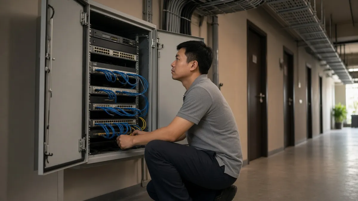 Kỹ thuật viên khảo sát tủ mạng và dây LAN trong hành lang khách sạn trước khi lắp Hotel TV.