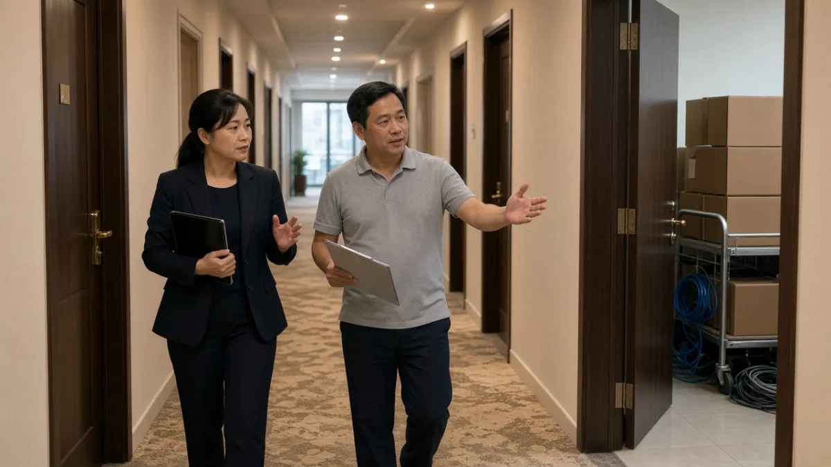 Quản lý và kỹ thuật khách sạn khảo sát hành lang phòng, TV và dây cáp chờ lắp đặt để lập kế hoạch ngân sách.