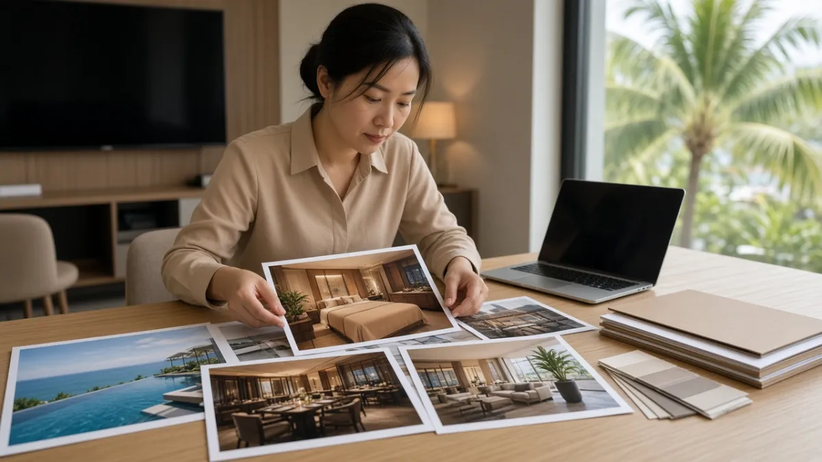 Nhân viên khách sạn sắp xếp ảnh dịch vụ và bảng màu nhận diện để chuẩn bị nội dung hiển thị Hotel TV.