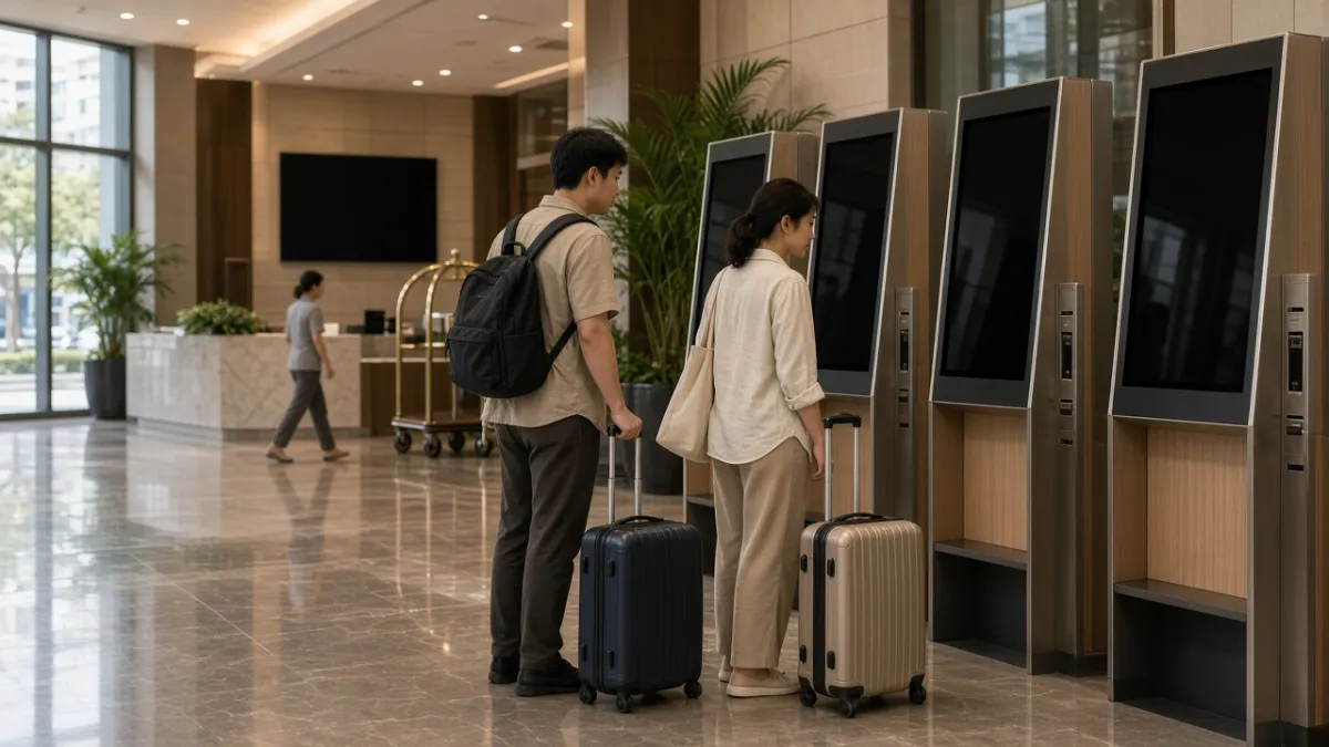 Khách tại sảnh khách sạn hiện đại sử dụng quầy check-in tự động, minh họa xu hướng áp dụng công nghệ thông minh.