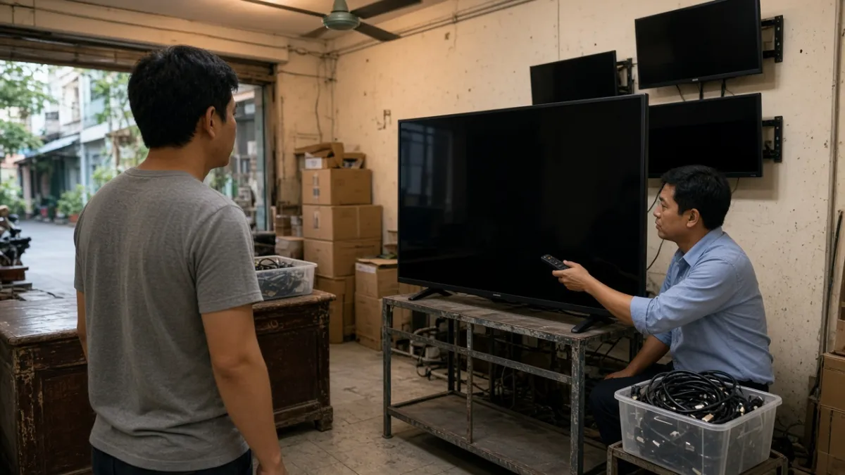 Khách xem tivi cũ 43 inch tại cửa hàng, nhân viên hỗ trợ thử remote trước khi mua.