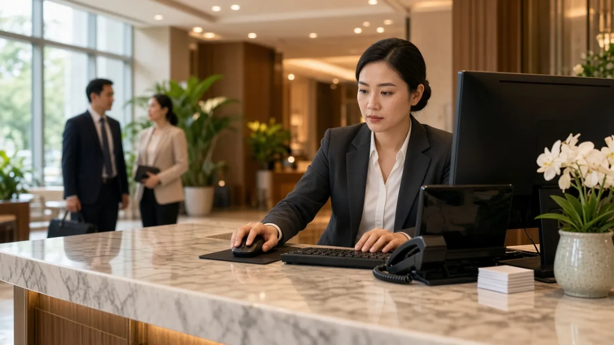 Lễ tân khách sạn thao tác nhanh tại quầy tiếp tân giờ cao điểm, nhấp chuột xử lý check-in và đặt phòng.