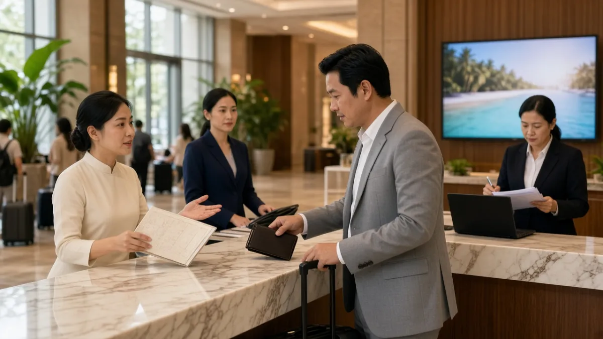 Lễ tân khách sạn lớn tại TP.HCM hỗ trợ khách trả phòng buổi sáng, đồng thời theo dõi luồng khách lưu trú.