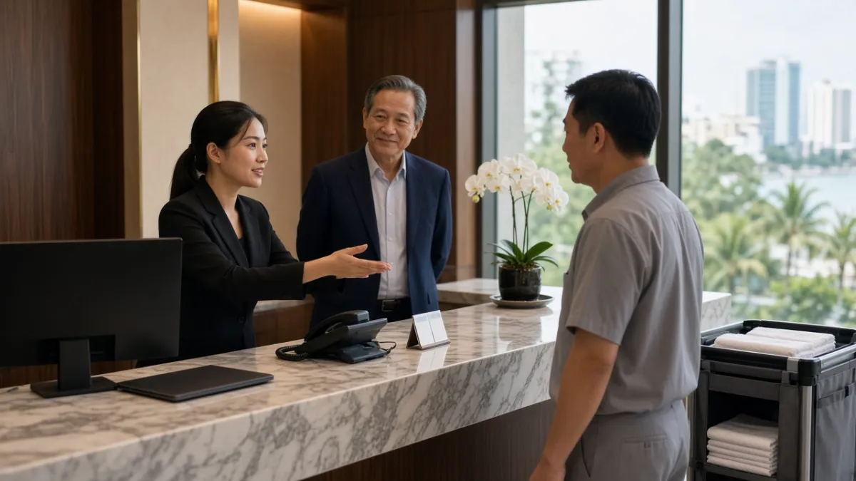 Lễ tân, buồng phòng và quản lý phối hợp tại quầy khách sạn Việt Nam, minh họa hệ sinh thái vận hành trơn tru.