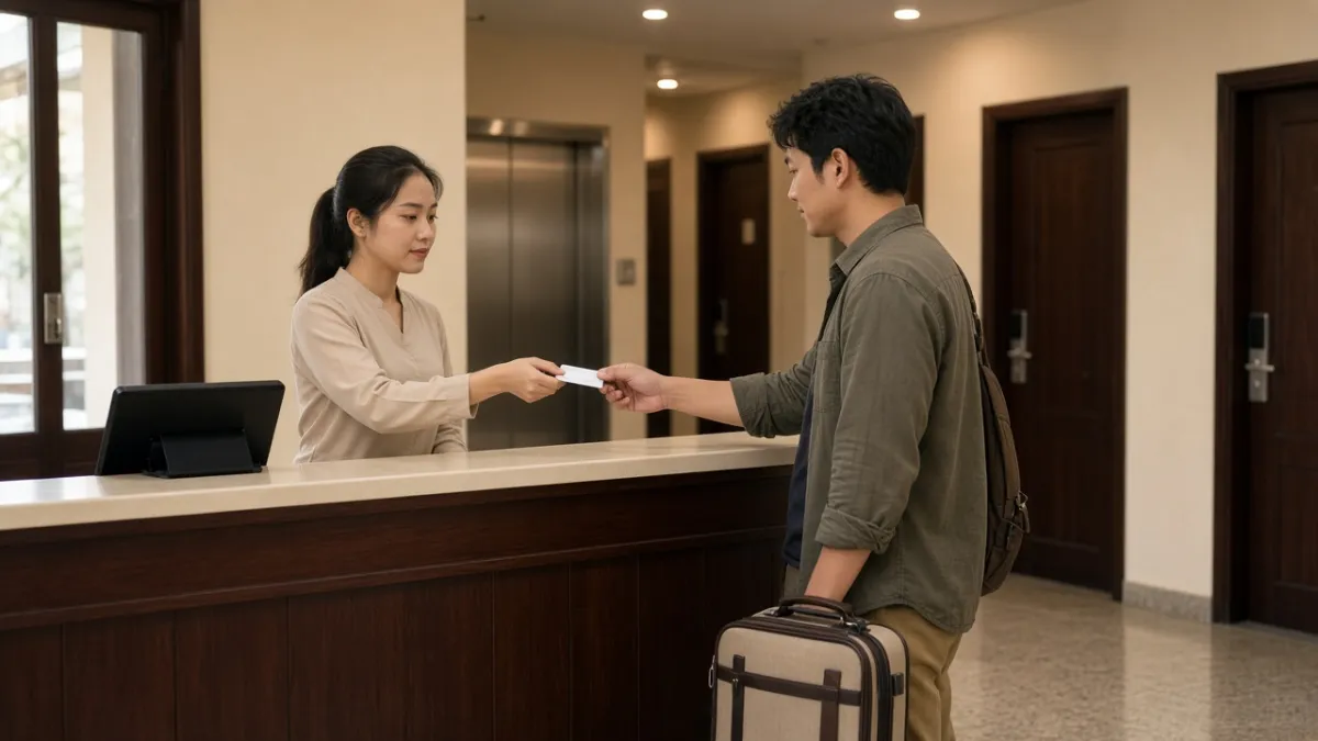 Lễ tân trao thẻ từ cho khách tại quầy; hành lang phòng phía sau có khóa điện tử và cửa thang máy.