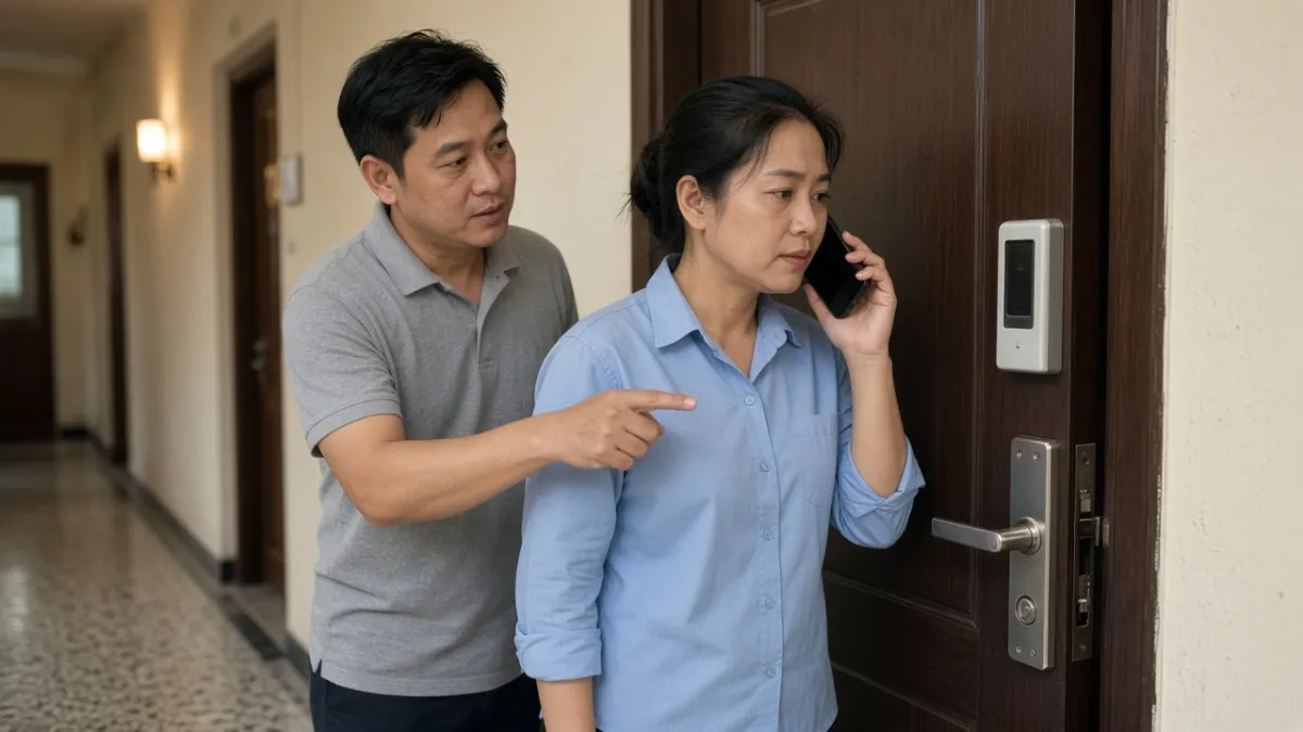 Nhân viên khách sạn gọi điện tư vấn bên cửa phòng có khóa từ điện tử trong hành lang.