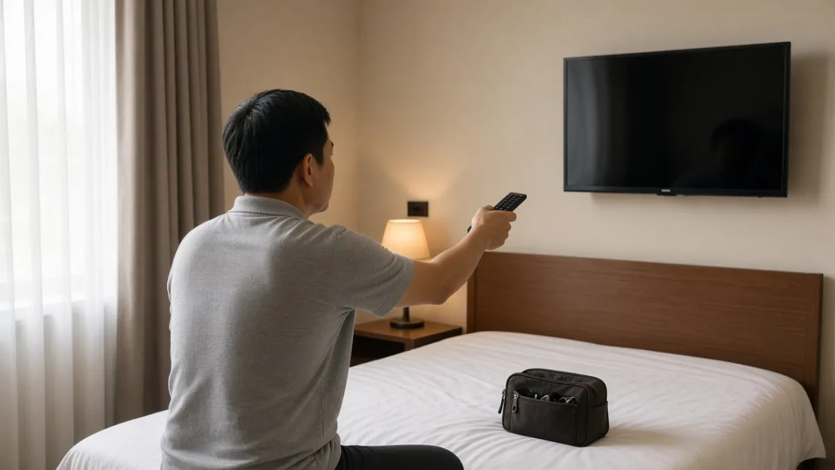 Nhân viên kỹ thuật khách sạn dùng remote hướng tới TV tắt màn hình để khôi phục cấu hình sau khi bị reset.