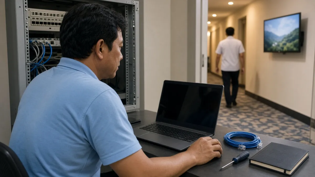 Kỹ thuật viên khách sạn làm việc tại phòng thiết bị, hành lang phía sau có TV đã hoạt động trở lại.