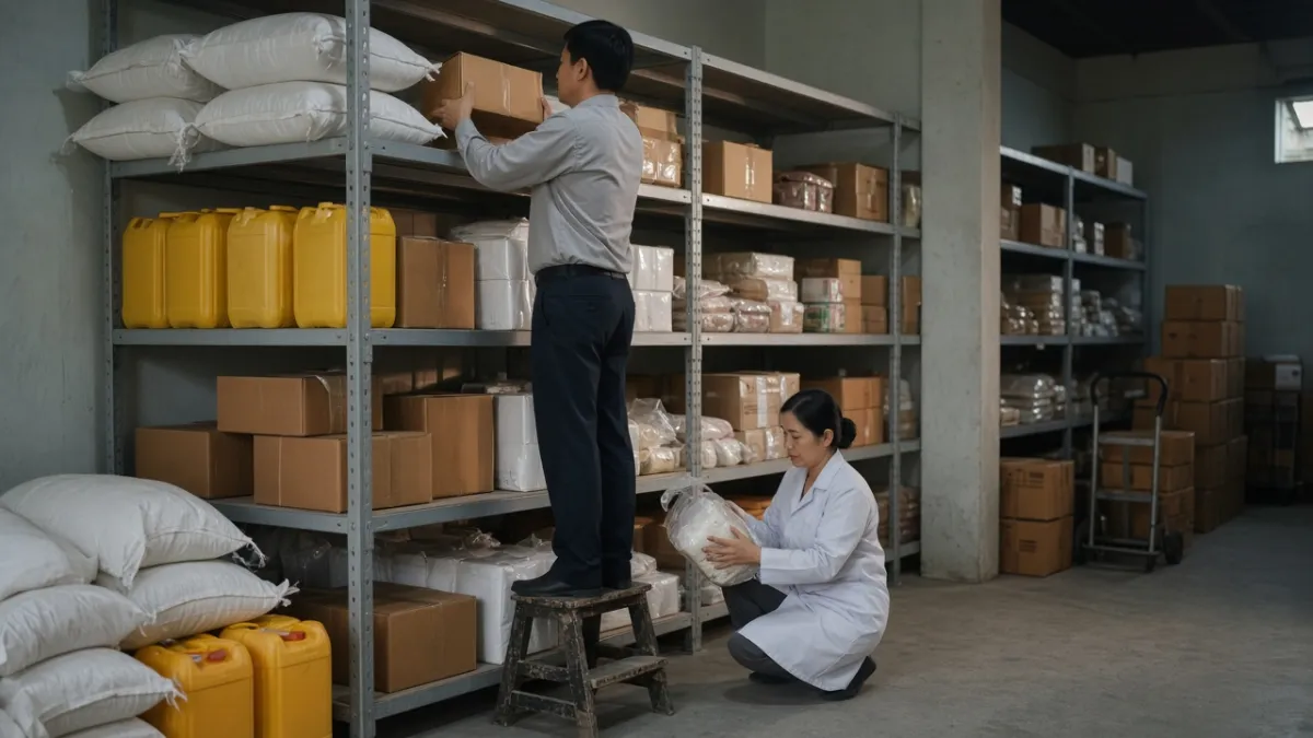 Hai nhân viên kiểm kê và sắp xếp thực phẩm, vật tư F&B trên kệ trong kho hậu cần khách sạn.