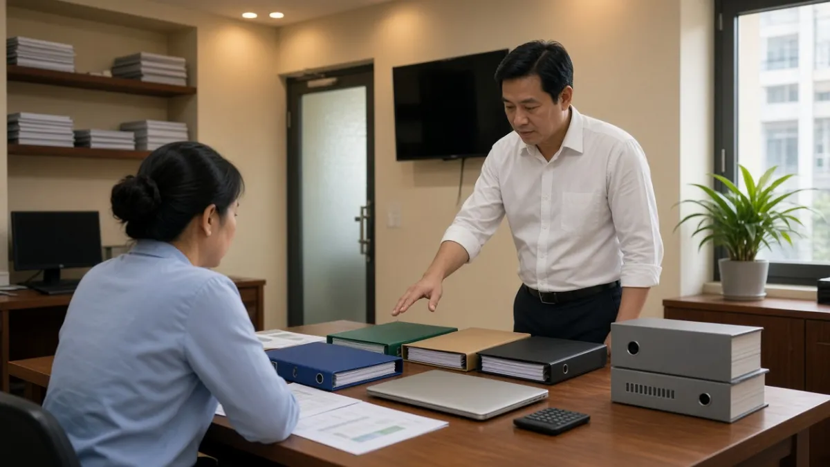 Hai nhân viên khách sạn họp trong phòng hành chính, rà soát báo cáo định kỳ để đánh giá hiệu suất vận hành.