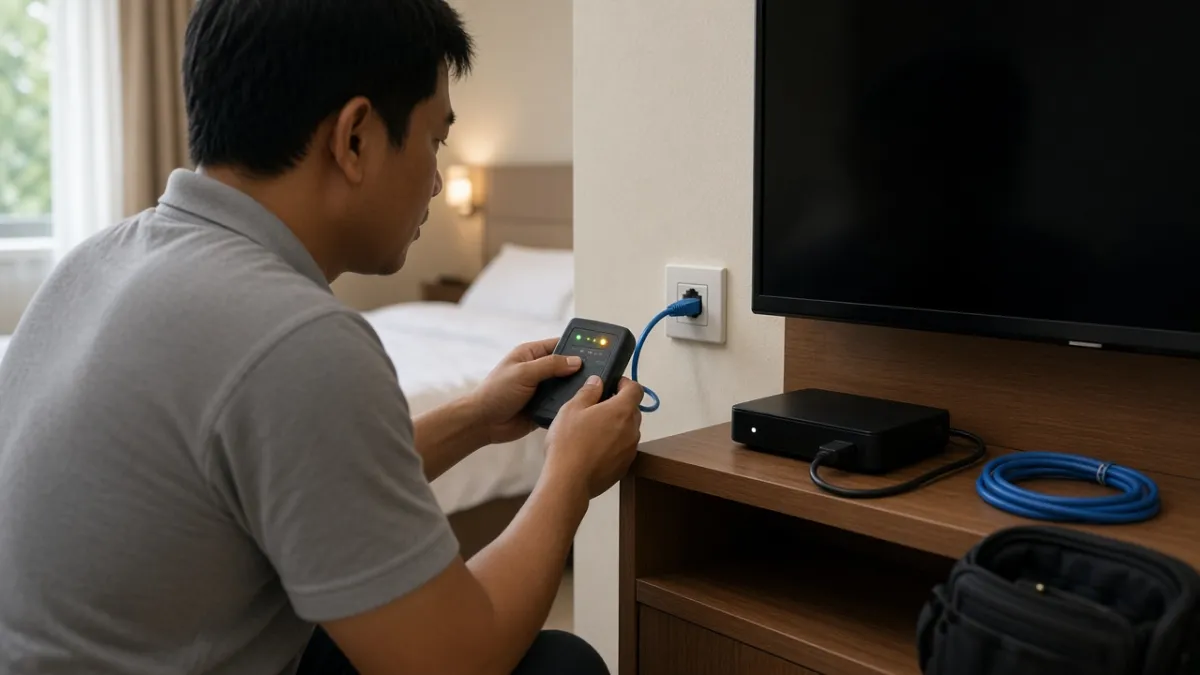 Kỹ thuật viên kiểm tra cáp mạng LAN tại ổ cắm trong phòng, cạnh TV tắt và đầu thu IPTV.