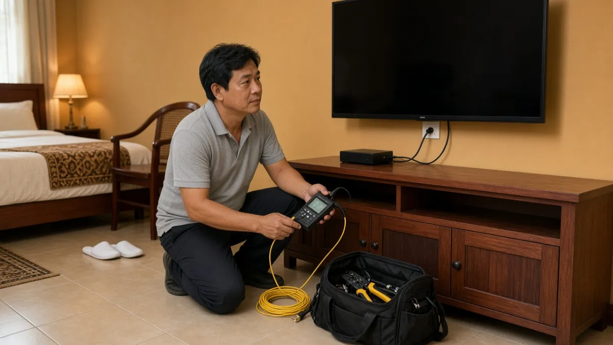 Kỹ thuật viên kiểm tra cáp mạng và thiết bị IPTV trong phòng khách sạn, TV tắt màn hình đen.