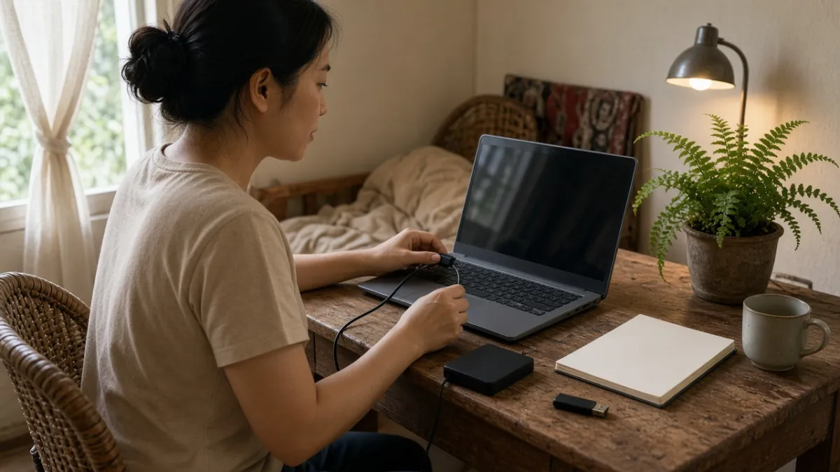 Người phụ nữ sao lưu dữ liệu từ laptop cũ sang ổ cứng ngoài trước khi bàn giao máy.