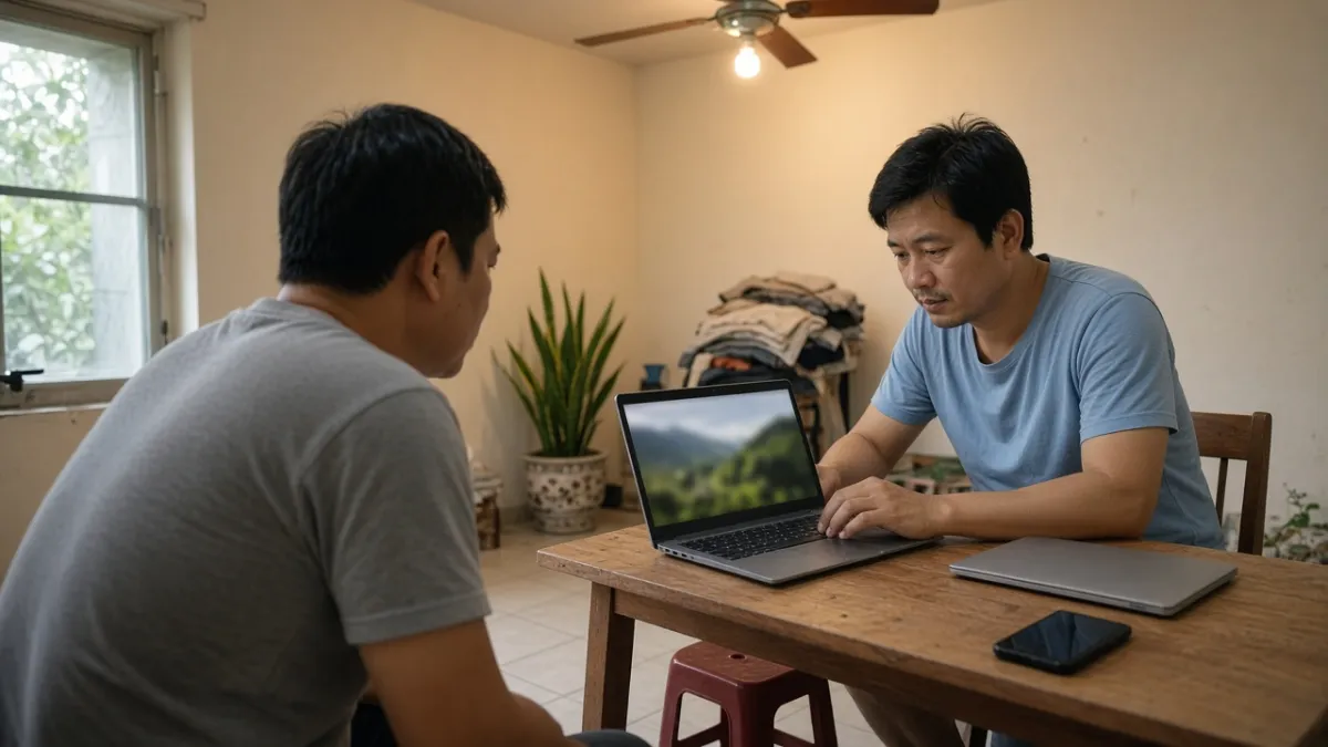 Hai người ngồi bàn trong nhà, một người thử bàn phím laptop đang bật để bên thu mua kiểm tra máy tận nơi.