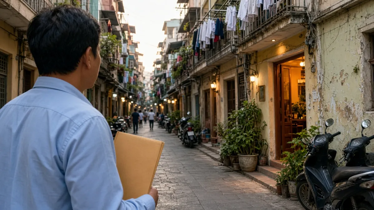 Nhà đầu tư đứng trên hẻm phố, quan sát dòng khách và các lối vào khách sạn nhỏ trước khi quyết định vị trí.