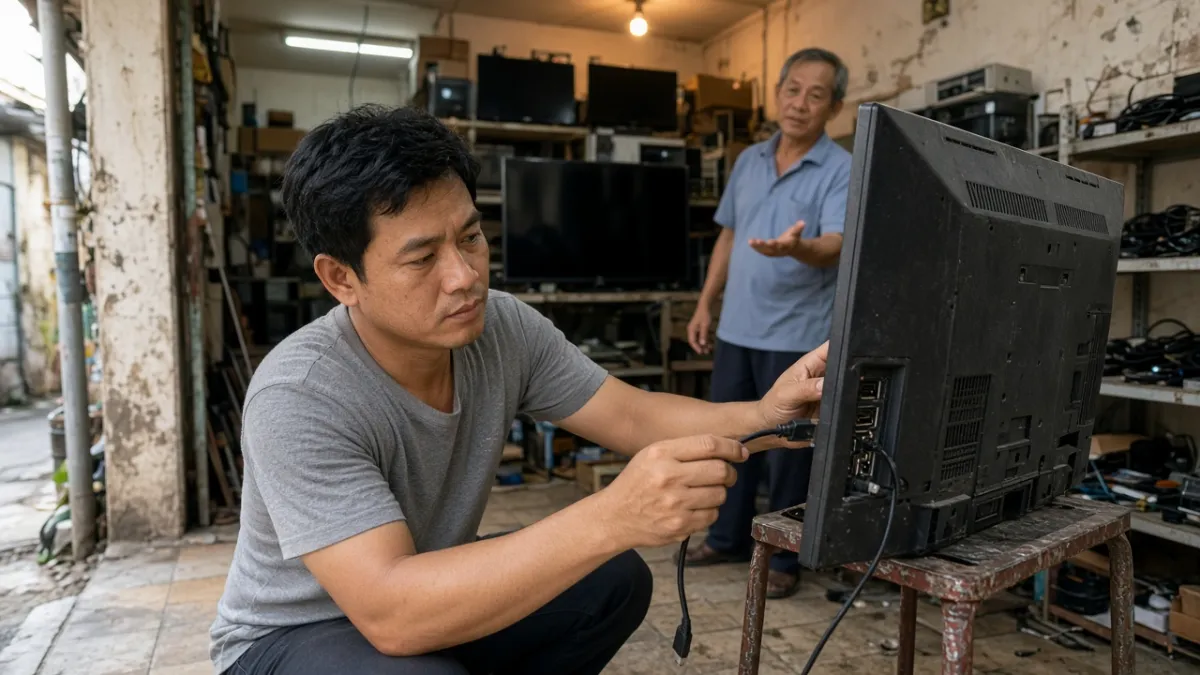 Người mua kiểm tra cổng HDMI phía sau tivi cũ trong cửa hàng điện tử, tránh rủi ro hỏng cổng khó sửa.