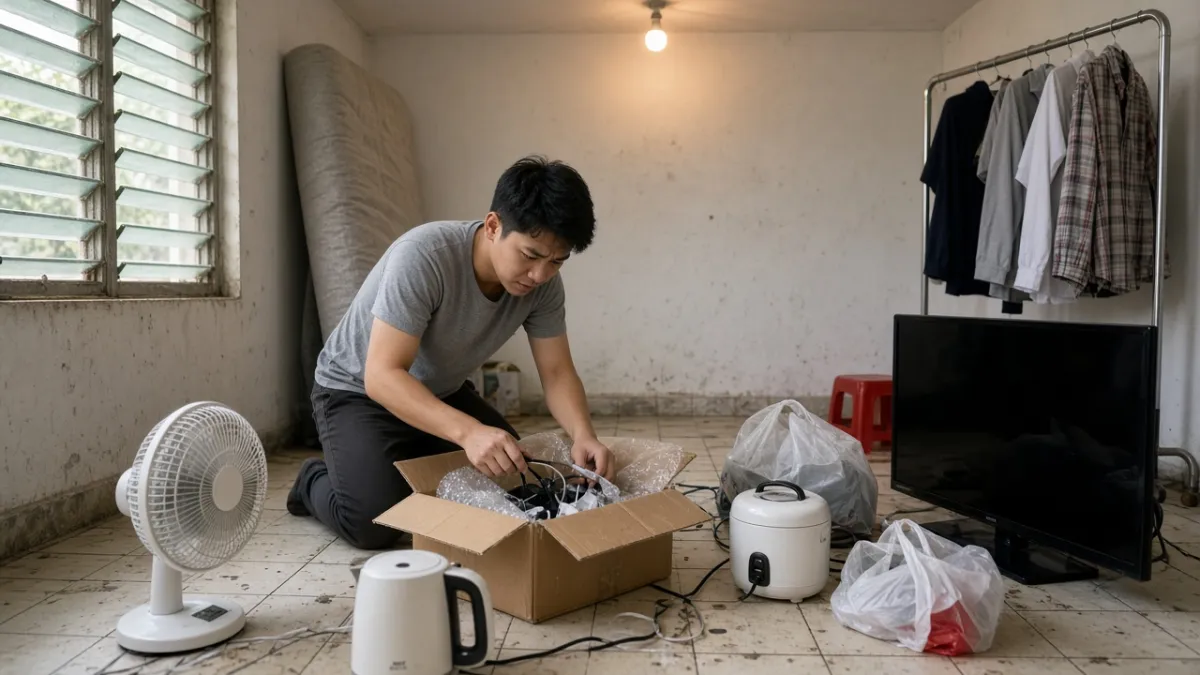 Người thuê trọ vội gom quạt, ấm điện và tivi nhỏ vào thùng giấy trước ngày bàn giao phòng.