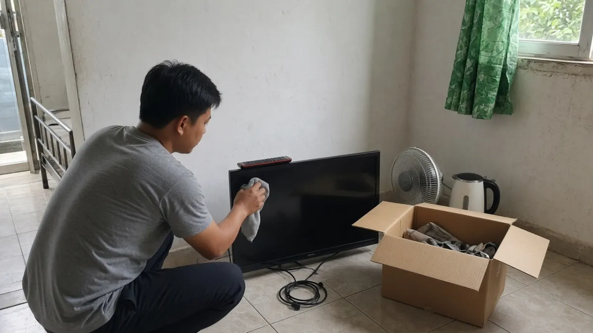 Người thuê lau sạch tivi, gom dây nguồn, remote và hộp giấy tờ gần cửa để thanh lý khi trả phòng.