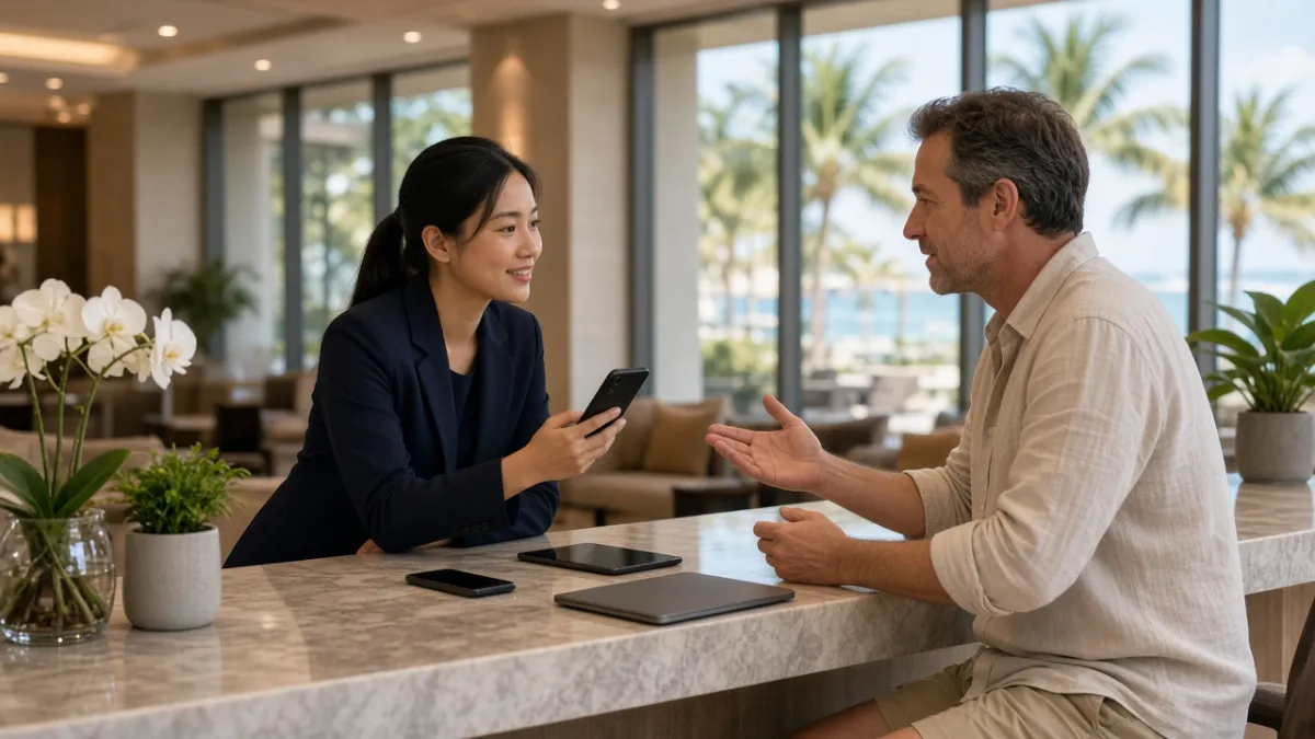 Nhân viên lễ tân khách sạn Đà Nẵng hỗ trợ khách qua điện thoại và máy tính bảng, thể hiện giao tiếp trực tiếp.