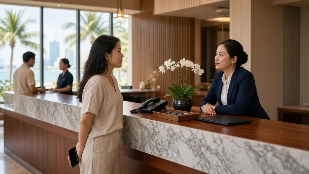 Nhân viên lễ tân khách sạn Đà Nẵng lắng nghe khách cầm điện thoại, thể hiện phản hồi nhanh và xây dựng lòng tin.