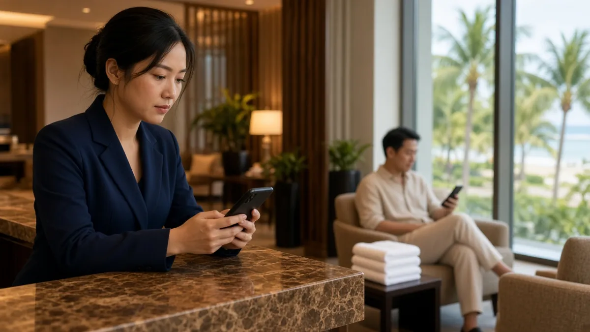 Nhân viên lễ tân xử lý yêu cầu dịch vụ qua tin nhắn từ khách đang nghỉ tại sảnh khách sạn.