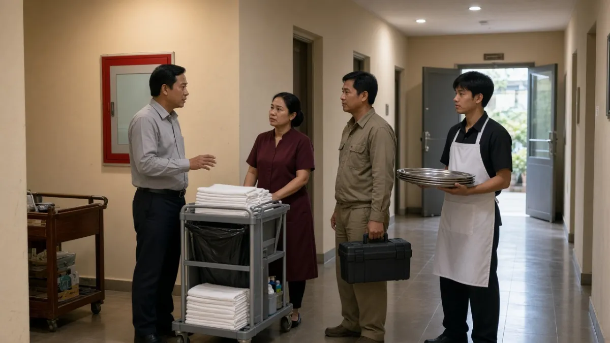 Quản lý trao đổi với nhân viên buồng phòng, kỹ thuật và nhà hàng trong hành lang phục vụ khách sạn buổi sáng sớm.